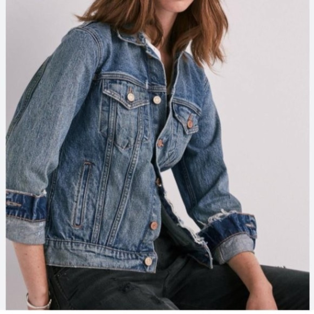 Lucky Brand Distressed Tomboy Trucker Jean Medium Wash Denim Jacket Size Large